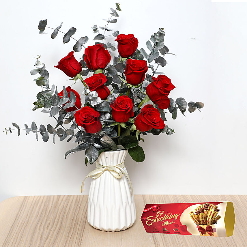 Red Roses in Ceramic Vase and Toblerone Chocolates