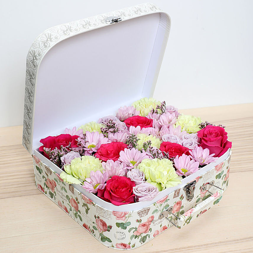 Mixed Flowers Suitcase Arrangement