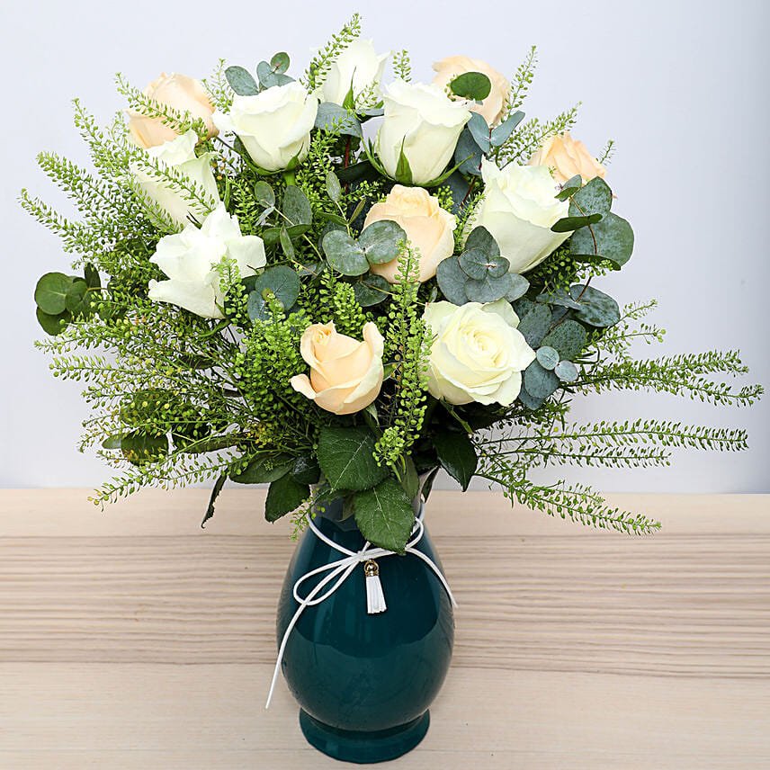 White N Peach Roses in Glass Vase