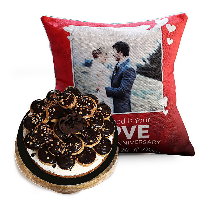 Love Anniversary Cushion with Profiterole Cake