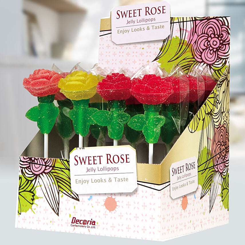 Rose Shaped Jelly Lollipops 16 Pcs