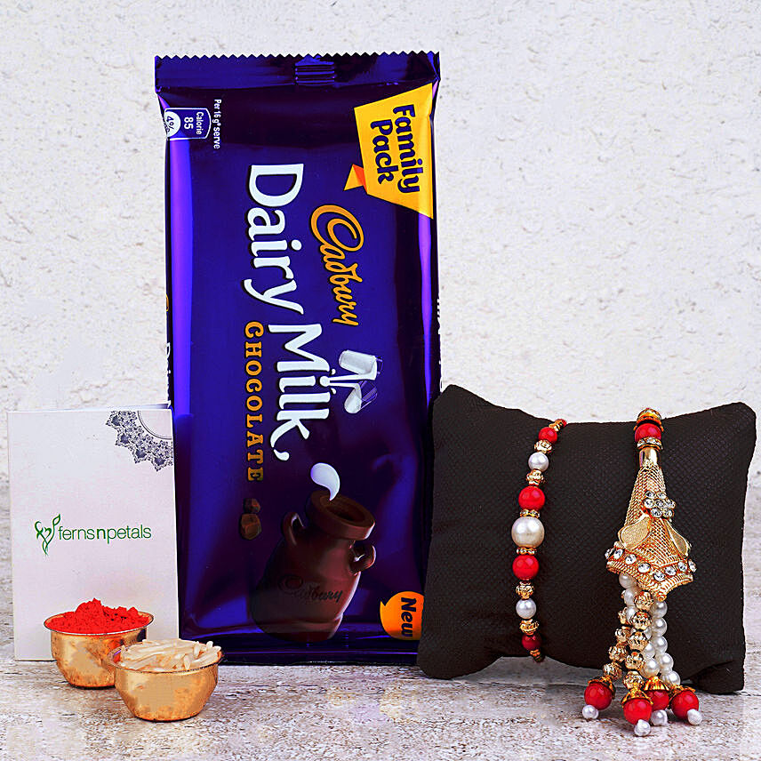 Elegant Pearl Lumba Rakhi Set And Chocolate Combo