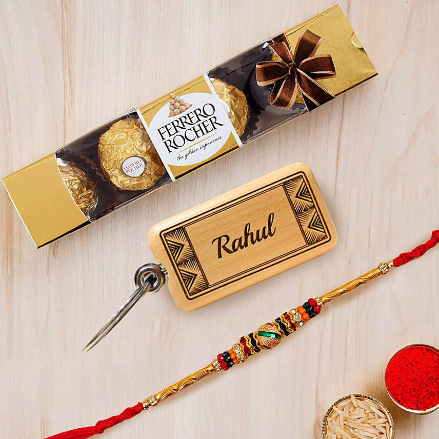 Meena Thread Rakhi with Chocolate and Key Chain