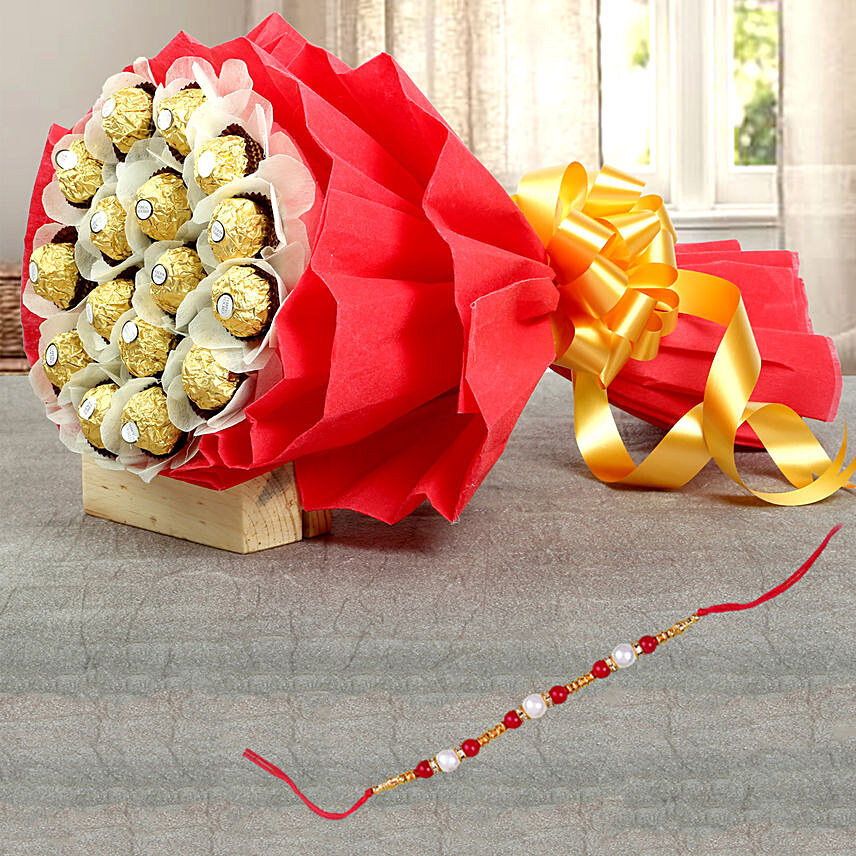 Pearl Rakhi and 16 Pcs Ferrero Bouquet