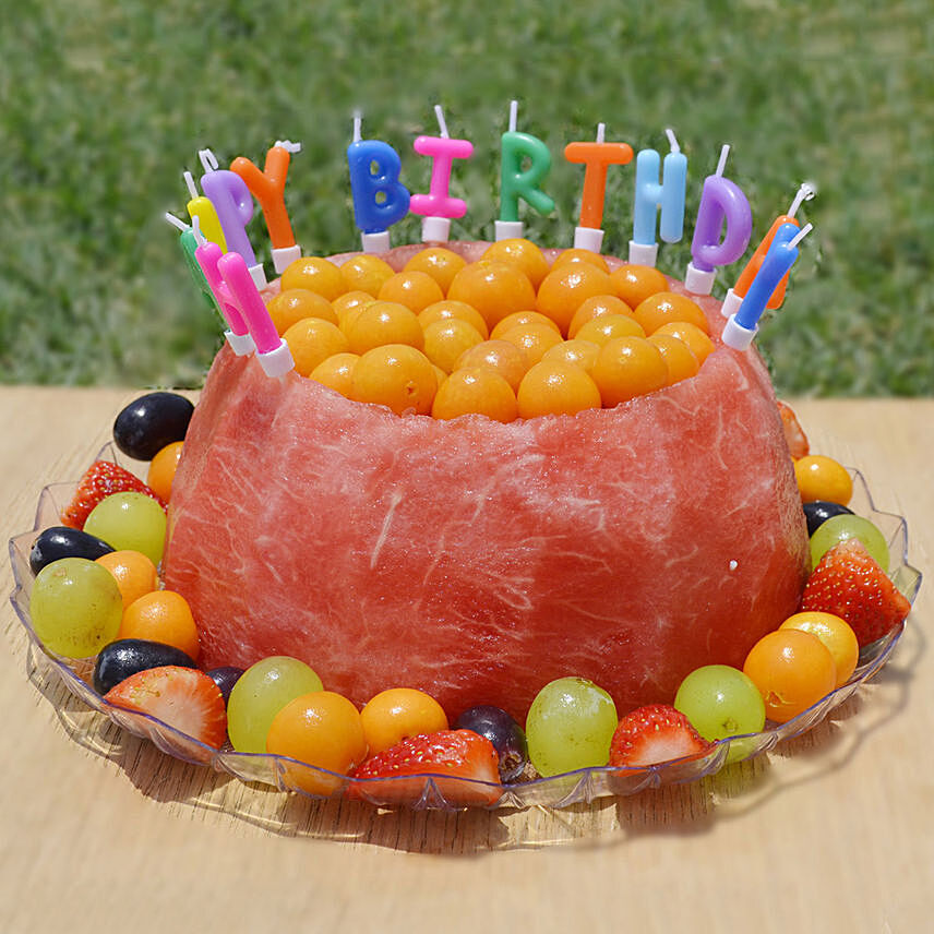 Happy Birthday Watermelon Base Cake With Fresh Fruits