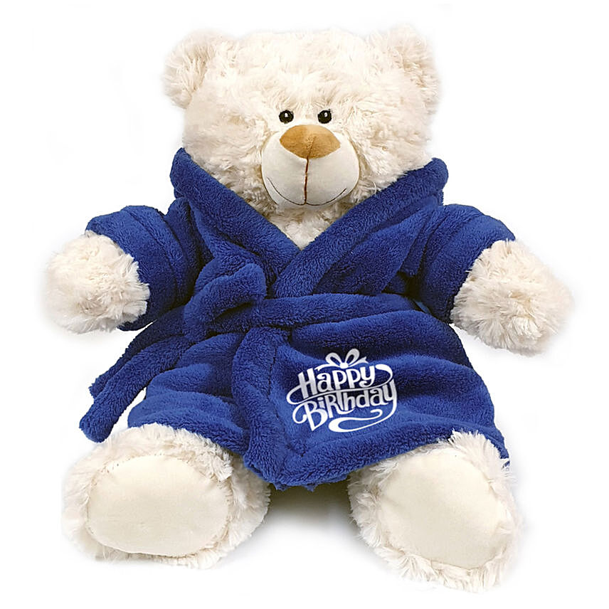 Fluffy Teddy Bear In Blue Birthday Bathrobe