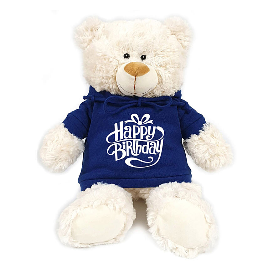 Fluffy Teddy Bear With Blue Birthday Hoodie