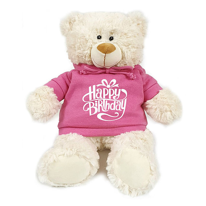 Fluffy Teddy Bear With Pink Birthday Hoodie