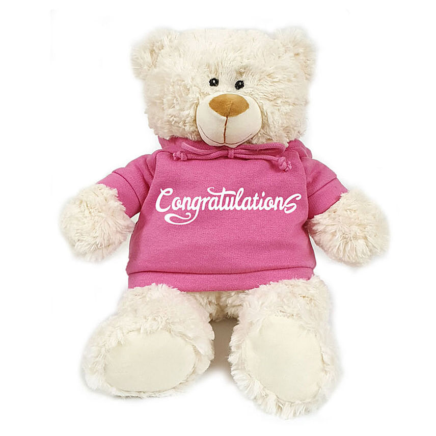 Fluffy Teddy Bear With Pink Congratulations Hoodie