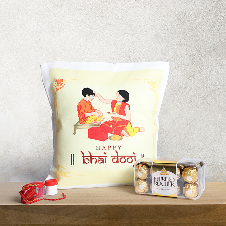 Bhai Dooj Printed Cushion and Ferrero Rocher