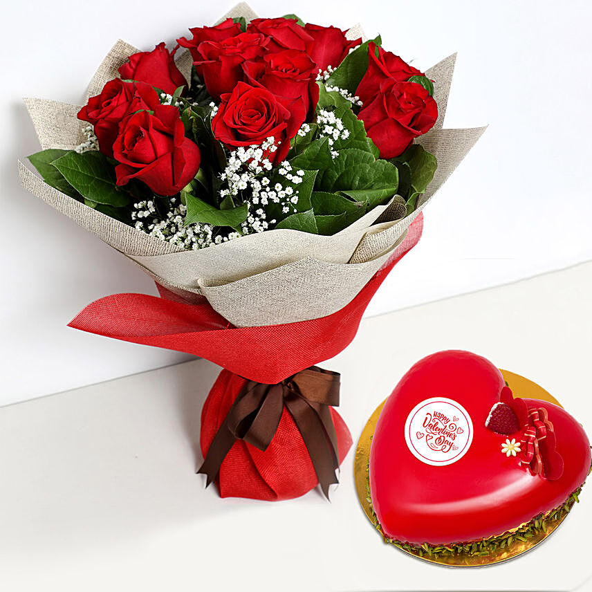 12 Red Roses Bouquet with Heartshape Cake