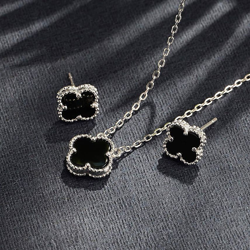 Black four leaf clover necklace and earrings set