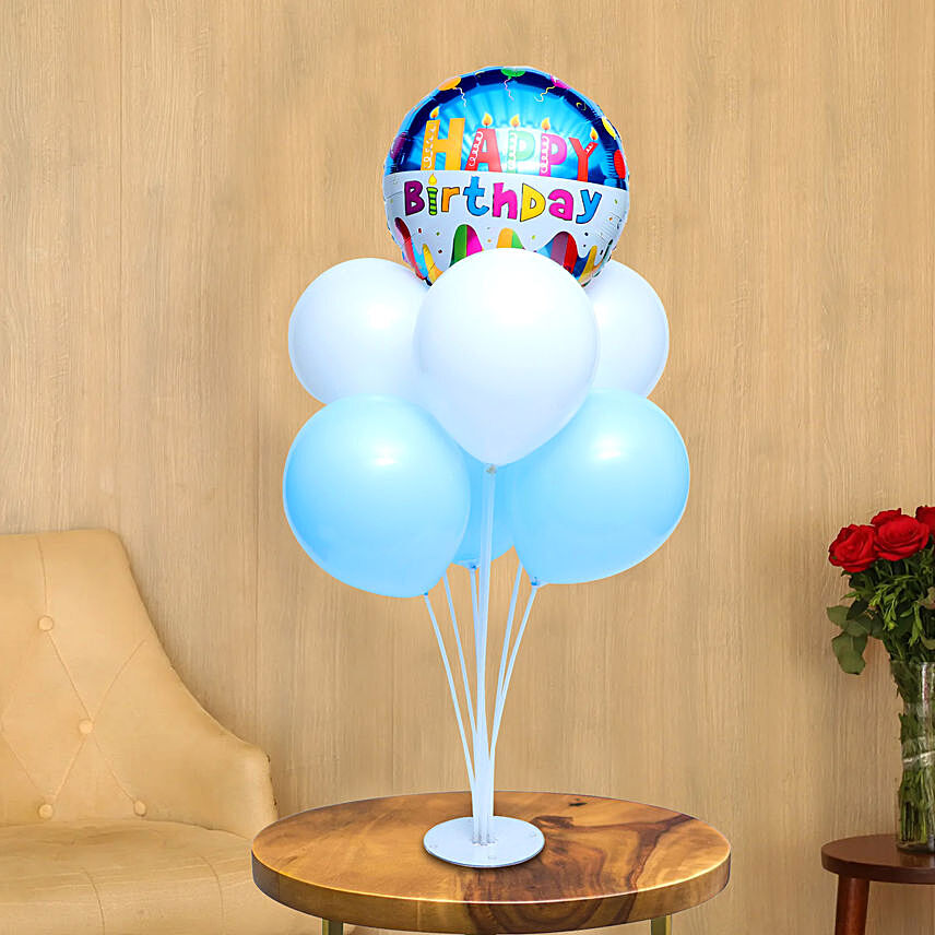 Happy Birthday Blue And White Balloon Bouquet