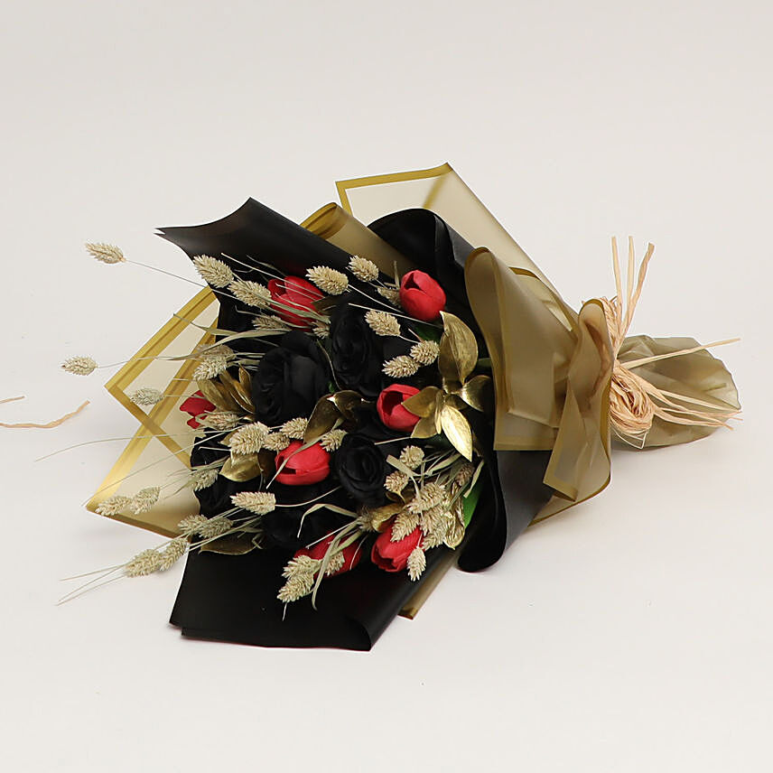 Artificial Black Roses N Red Tulips Bouquet