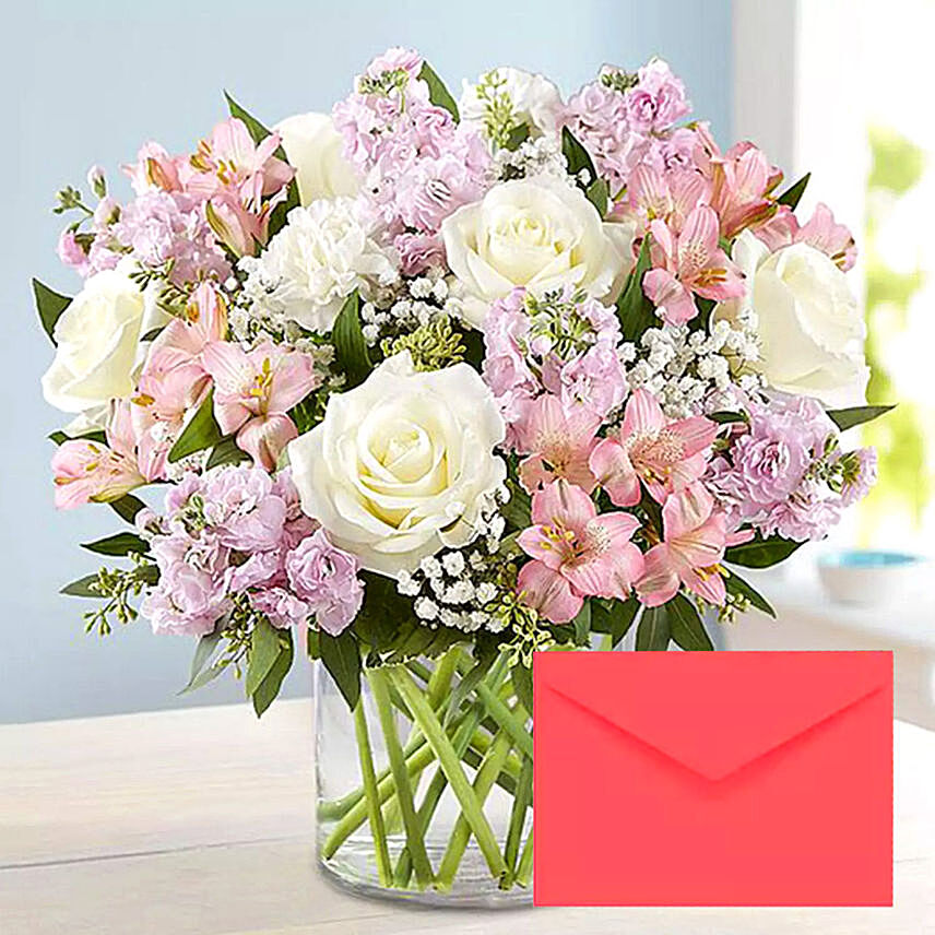 Pink and White Floral Bunch In Glass Vase With Greeting Card