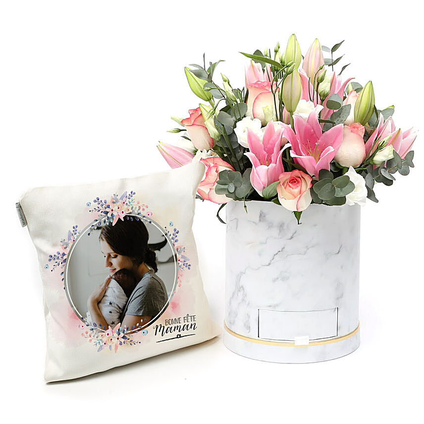 Lilies In a Box With Personalised Cushion