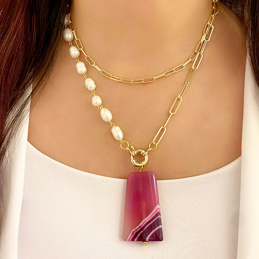 Agate Stone Necklace Pink