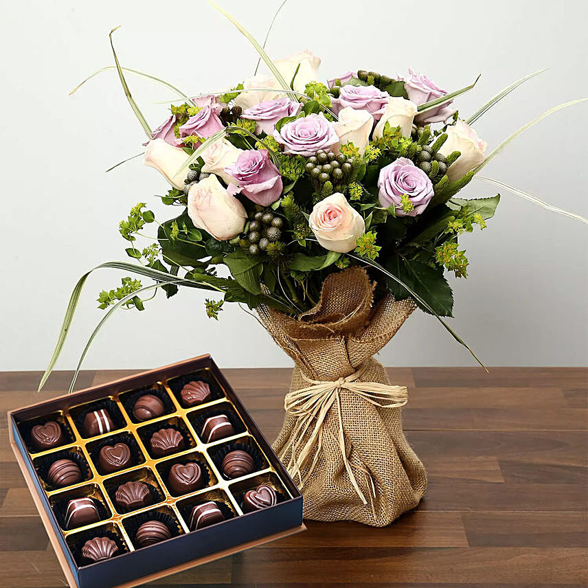 Purple and Peach Rose Bouquet With Chocolates