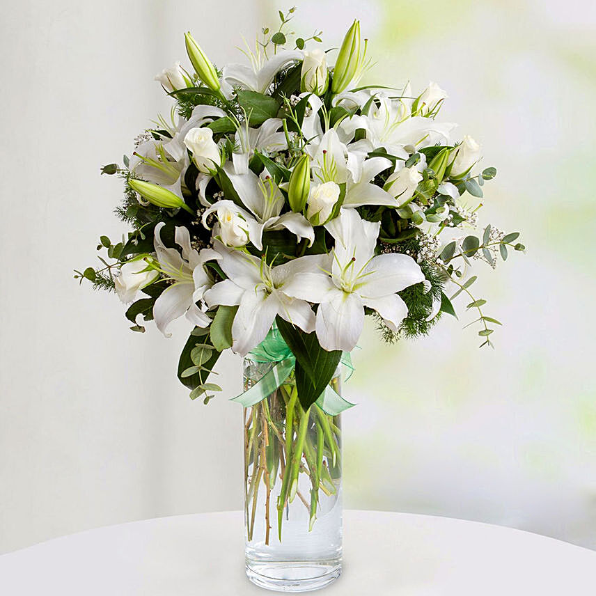 Charm Of White With Lilies and Roses
