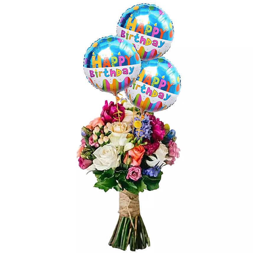 Mixed Flower Bunch With Birthday Balloons
