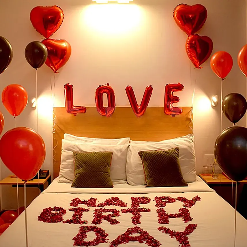 Happy Birthday Love Balloons & Rose Petals Decor