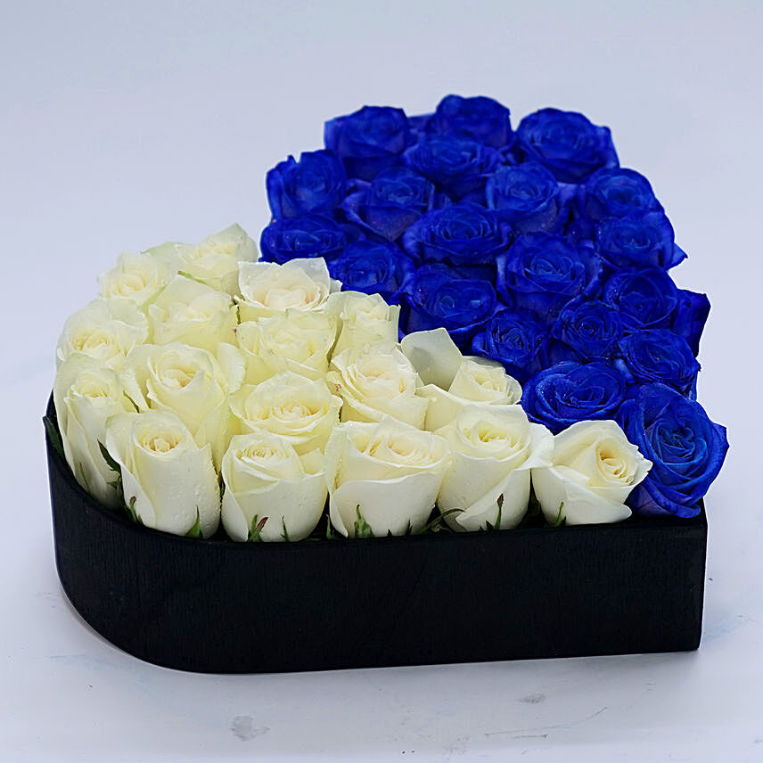 Blue N White Roses in Heart Shaped Arrangement