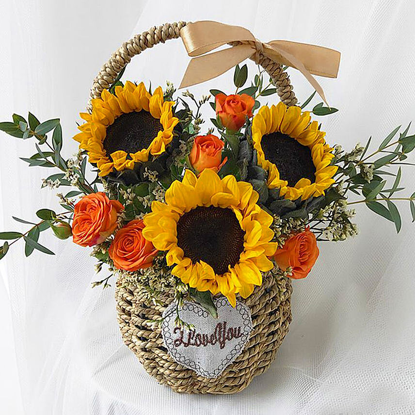 Sunflower N Spray Rose Cane Basket