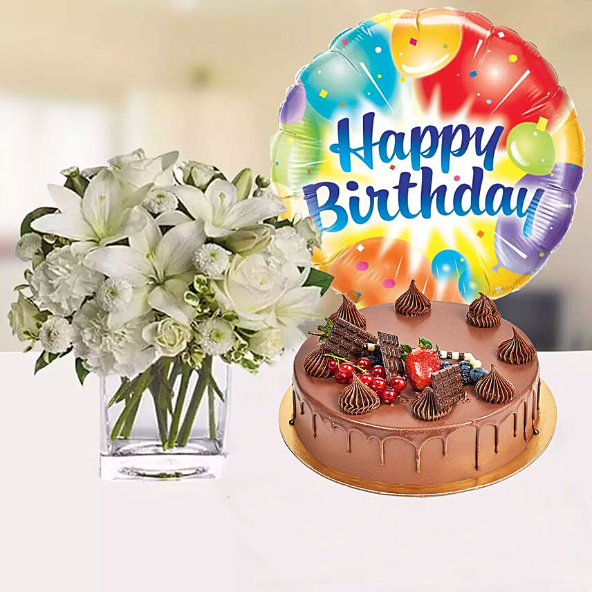 White Flower Vase & Fudge Cake For Birthday