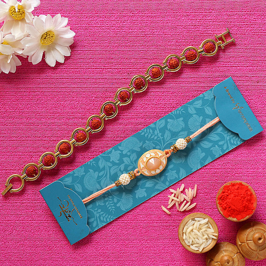 Peach Stone & Rudraksha Bracelet Rakhis