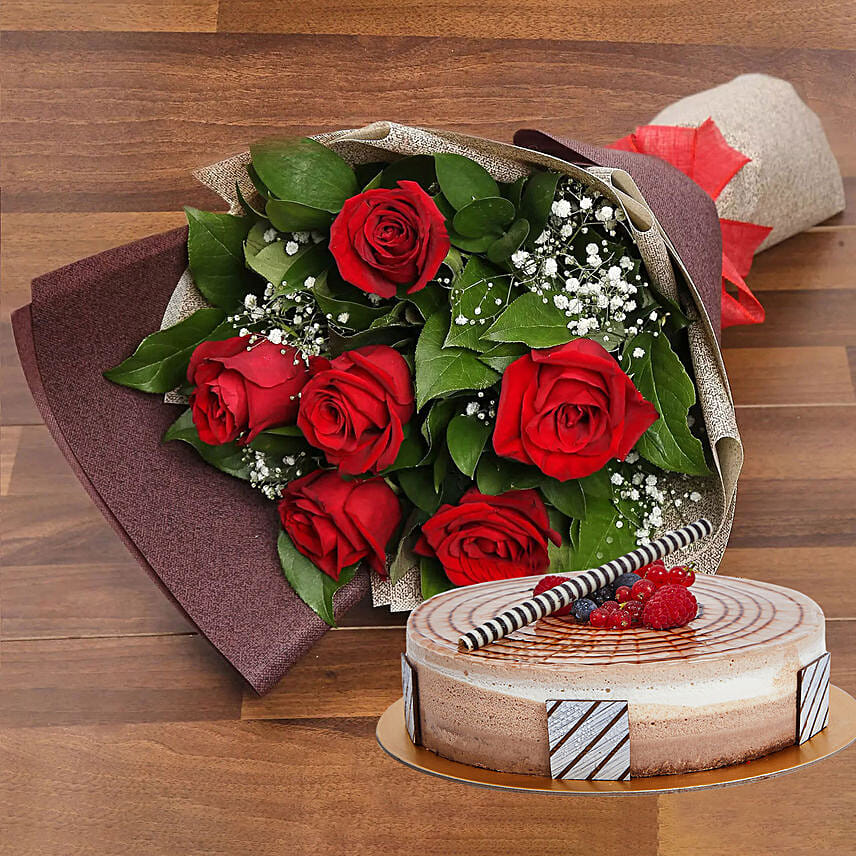 Magnificent Rose Bouquet With Triple Chocolate Cake