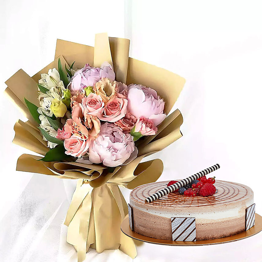 1 kg Triple Chocolate Cake With Peonies Bouquet