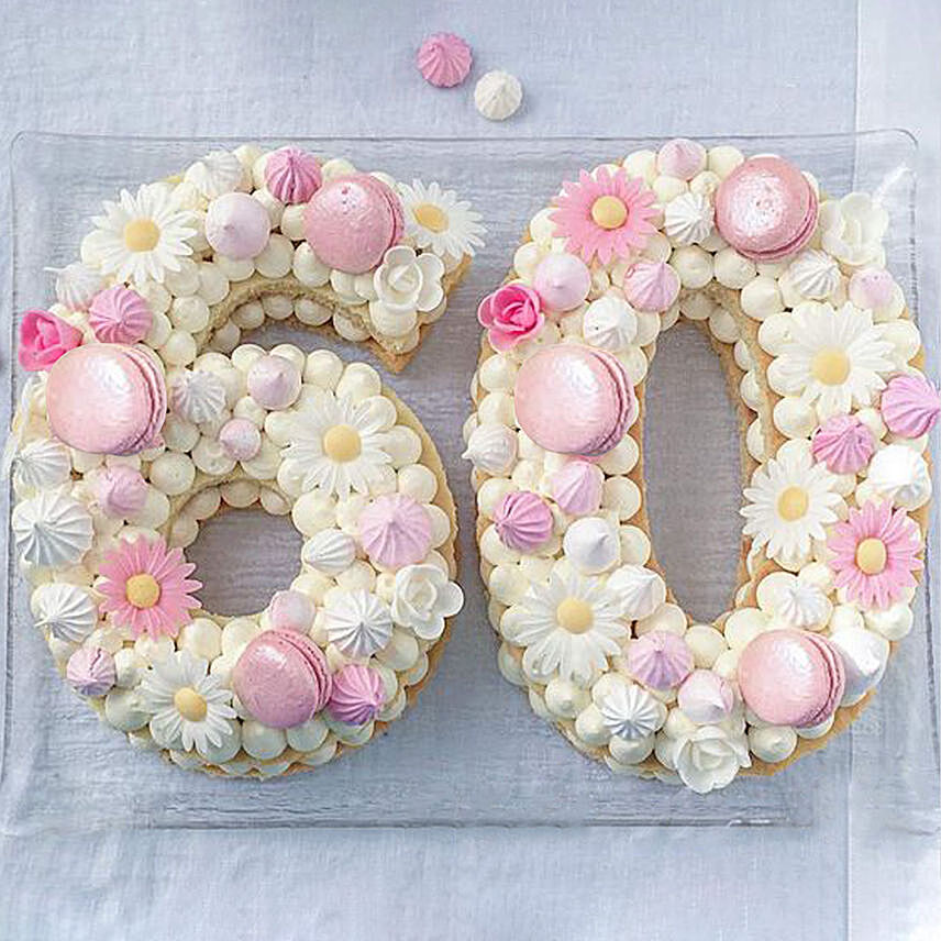 Number 60 Macarons Fondant Flowers Red Velvet Cake