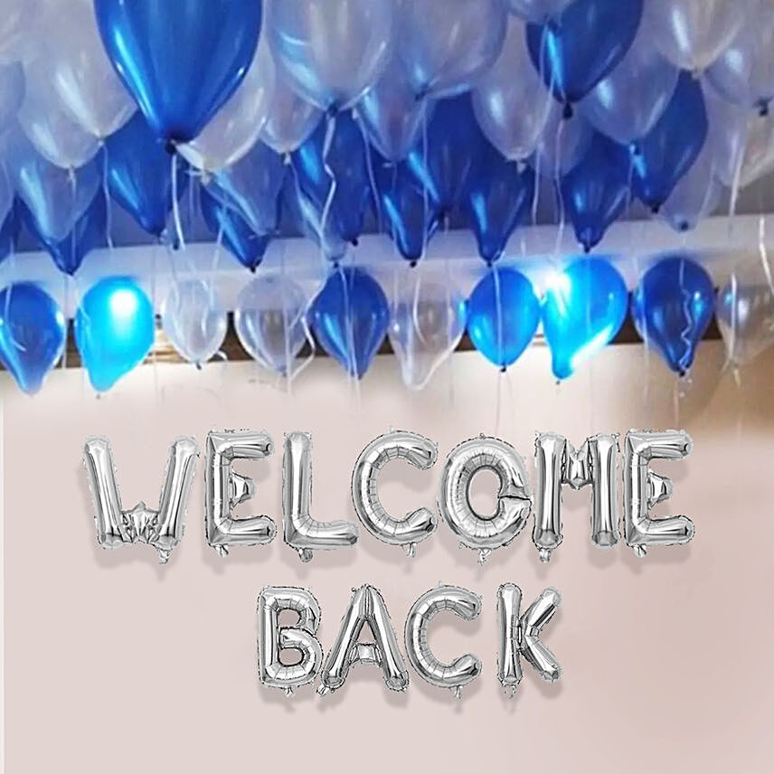 Welcome back Blue and Silver Balloon Decor