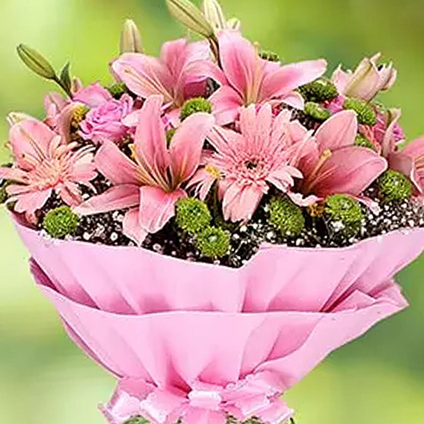 Online Pink Flowers Bouquet With Greeting Card Gift Delivery in UAE - FNP