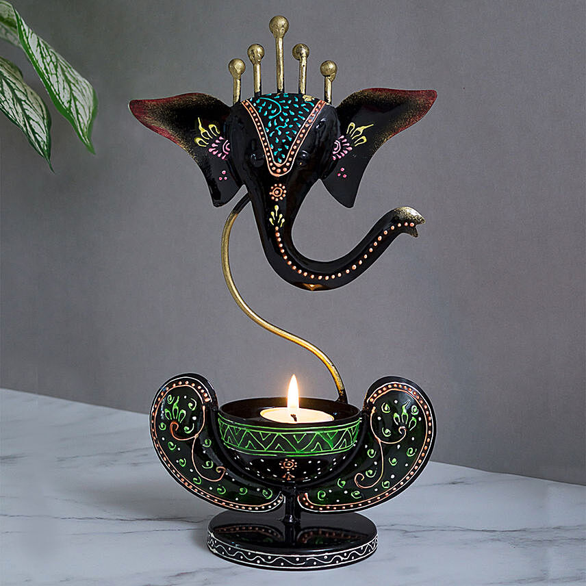 Multicolor Iron Ganesha Tea Light Candle Stand