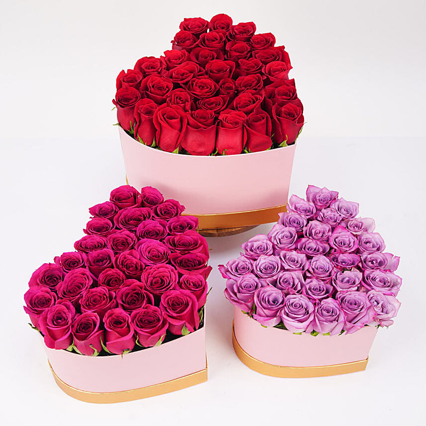 Trio of Roses Charm in Heart Shape Boxes