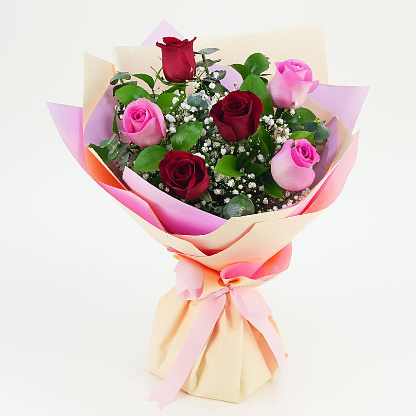 3 Pink and 3 Red Roses  Bouquet