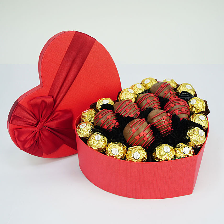 Strawberry and Rocher in Heart Shape Box