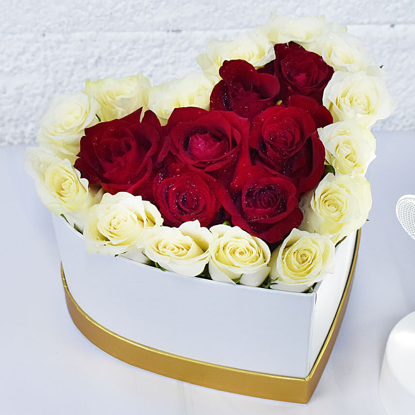 Red and White Roses in White Heart shape Box