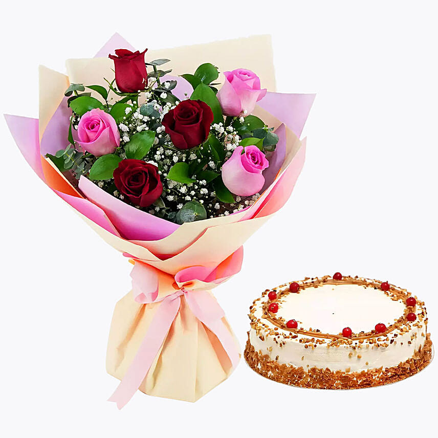 Delightful Roses Bouquet With Butterscotch Cake