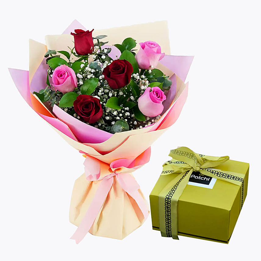 Red and Pink Rose Posy With Chocolate Box