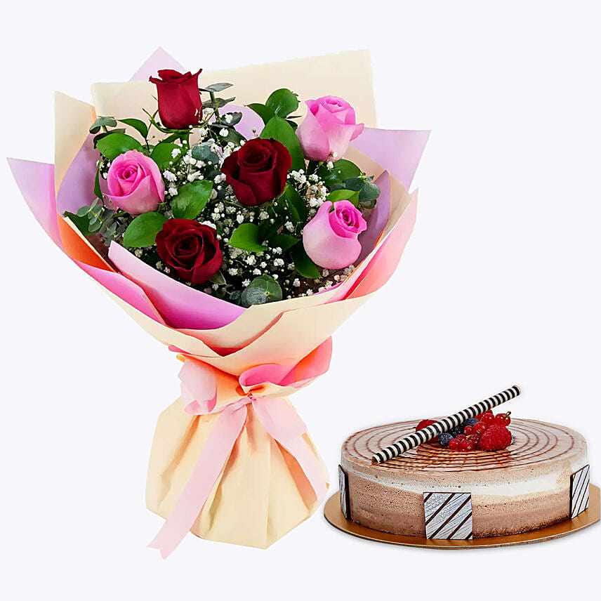 Red and Pink Rose Posy With Chocolate Cake