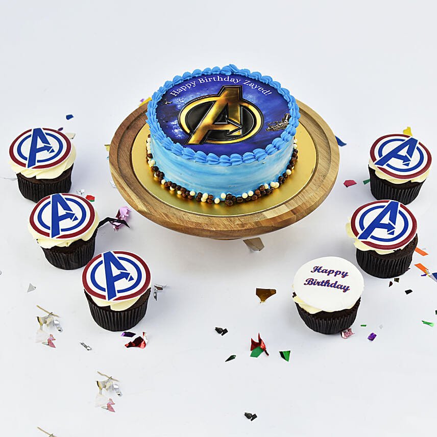 Avengers Logo Birthday Cake with Cupcakes