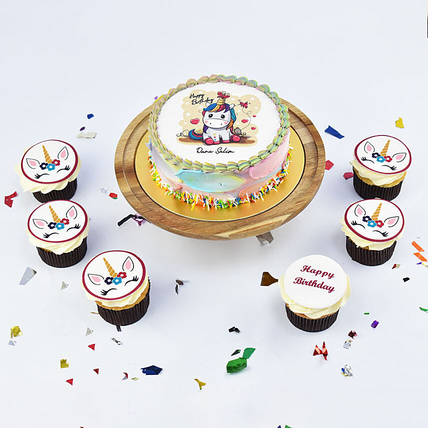 Happy Birthday Unicorn Cake with Cupcakes