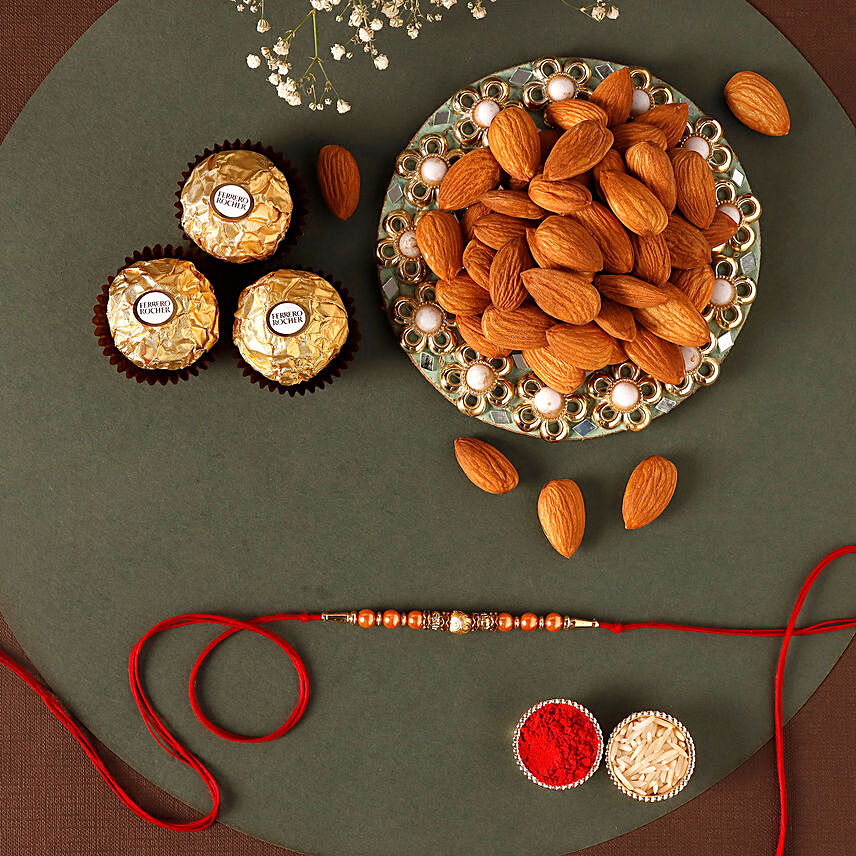 Rose Gold Pearl And Beads Rakhi with 3 Ferrero Rocher and Almonds