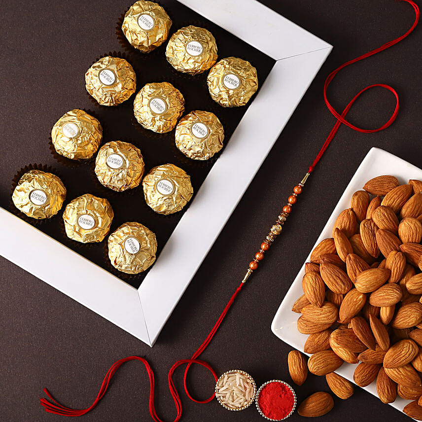 Rose Gold Pearl And Beads Rakhi with 6 Ferrero Rocher and Almonds