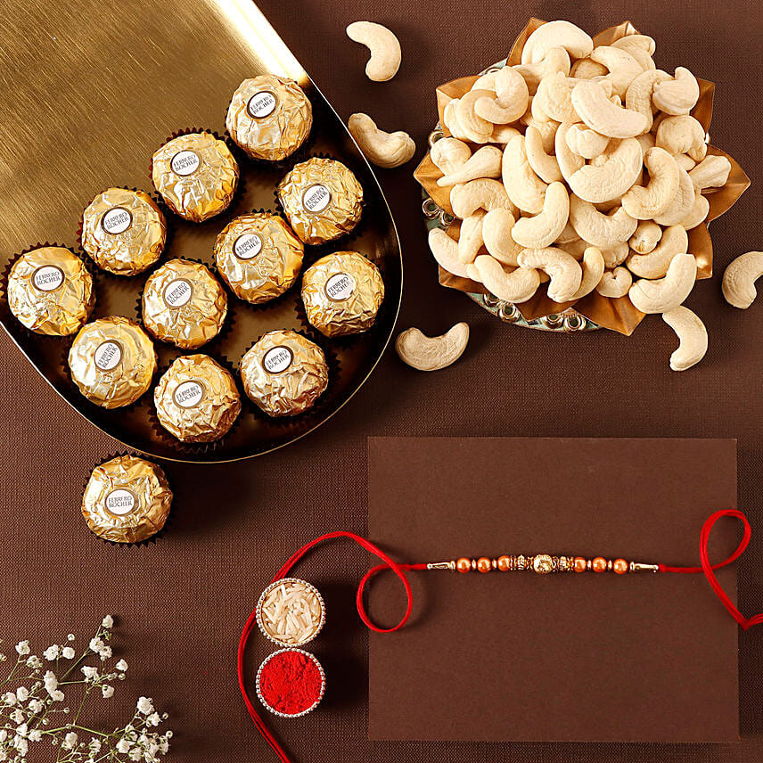 Rose Gold Pearl And Beads Rakhi with 6 Ferrero Rocher and Cashew