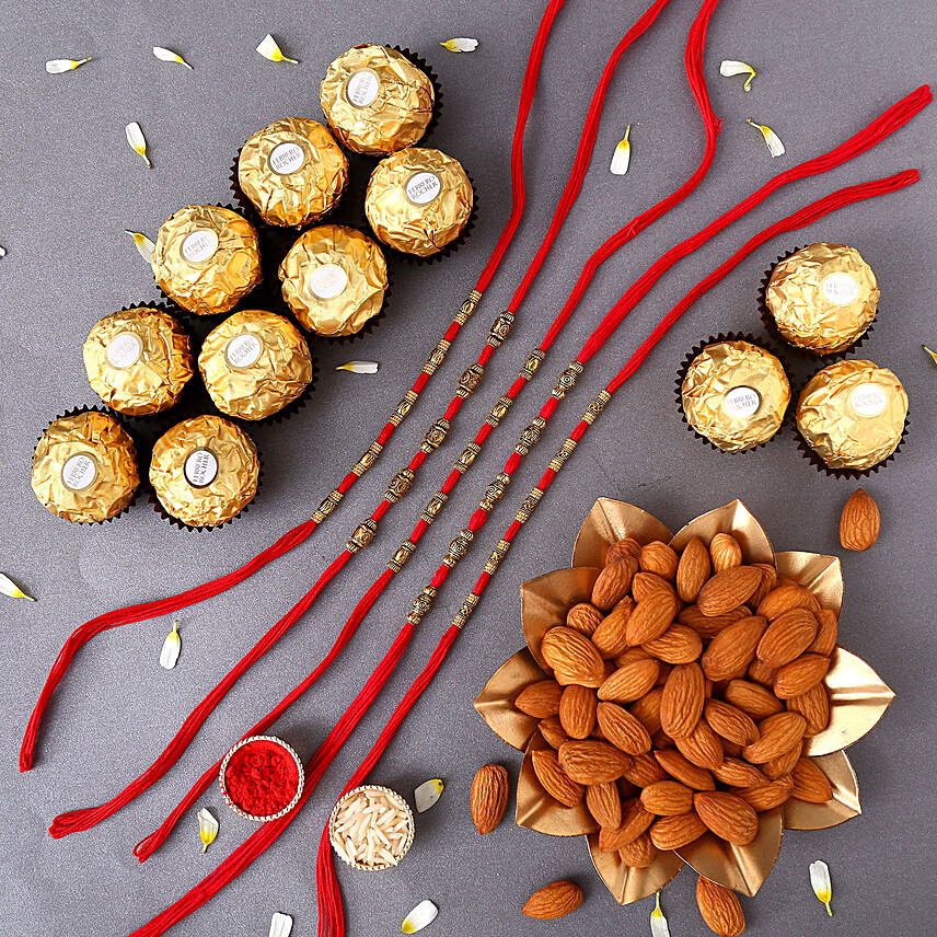 Sneh Classic Brass Rakhi Set with 16 Pcs Ferrero Rocher and Almonds