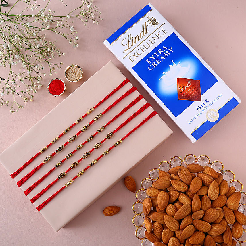 Sneh Classic Brass Rakhi Set with Lindt Bar and Almonds