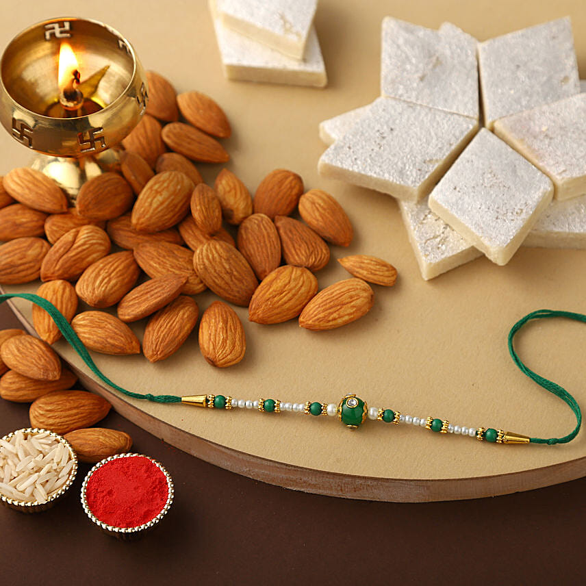 Sneh Fancy Green Rakhi with 250 Grams Kaju Katli and Almonds